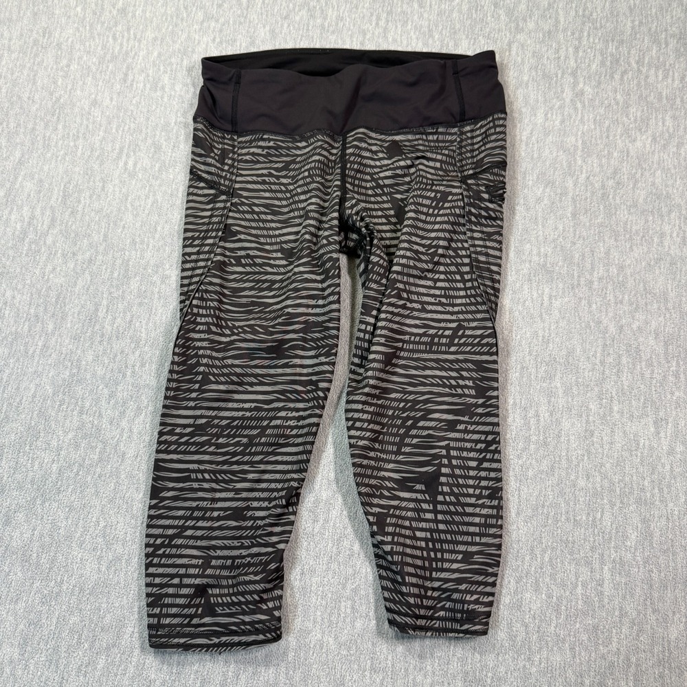 Lululemon Crop Legging Palms Leaves Black‎ And Grey Pants 8 Gym Zip Pocket